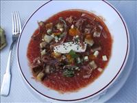 Avslutningsmiddag - f�rr�tt: Kall tomatsoppa med mango och basilika
