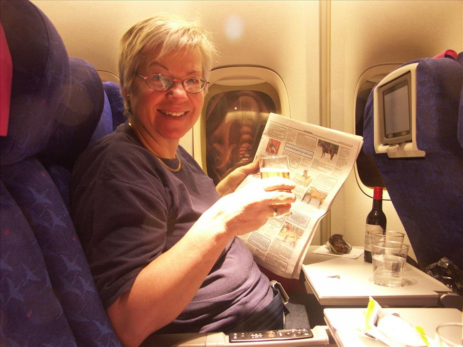 <center>15/3<br></center>Kan det vara mer perfekt?! P� v�g till Sydafrika med ett glas champagne i ena handen och Min h�st i andra. Vi startade fr�n Arlanda kl 3 och �kte via London. P� Heathrow f�rs�kte vi f� lite pub-feeling m.h.a. en pint Spitfire och en macka.<br>P� planet fick vi champagen p� 