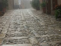 Vattnet str�mmade l�ngs gatorna, s� vi �kte vidare